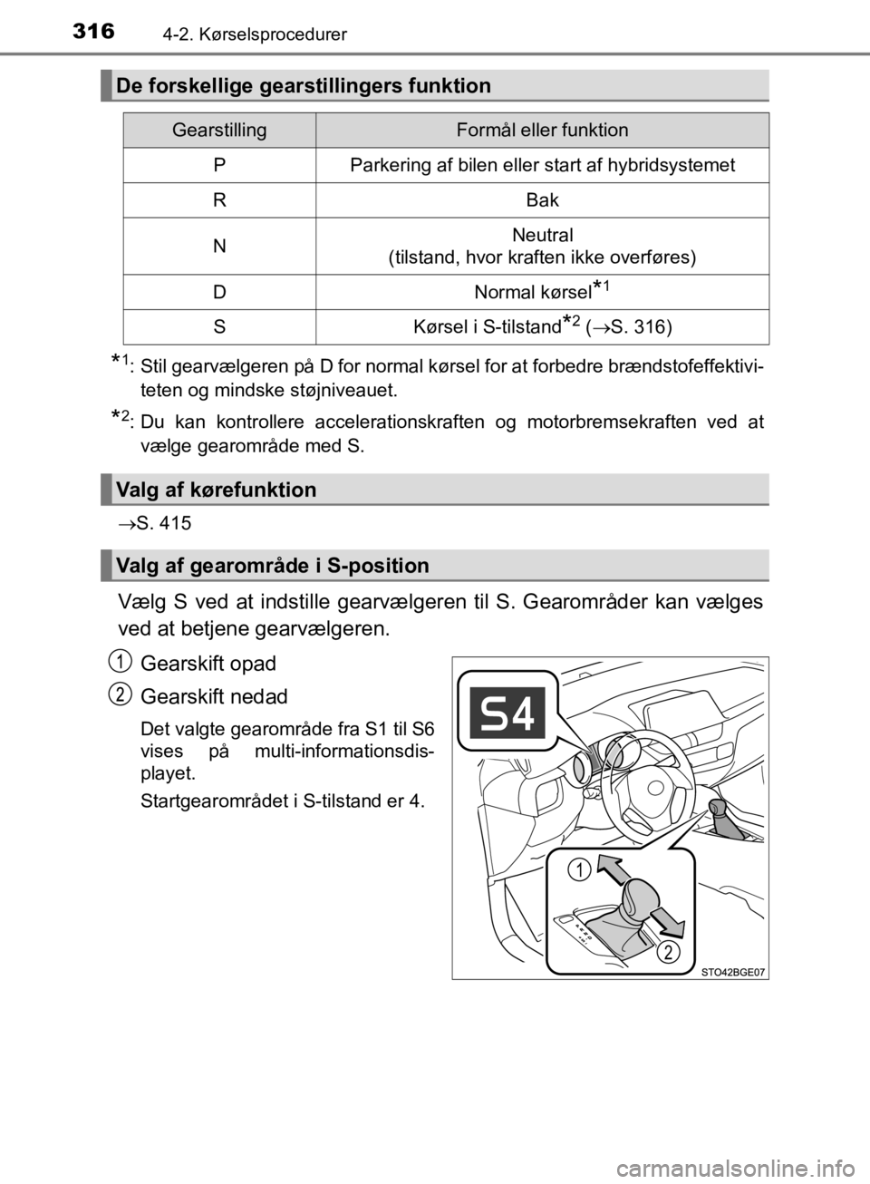 TOYOTA C-HR 2019 Brugsanvisning (in Danish) 3164-2. Kørselsprocedurer
C-HR_HV_OM_Europe_OM10647DK
*1: Stil gearvælgeren på D for normal kørsel for at forbedre brændstofeffektivi-teten og mindske støjniveauet.
*2: Du kan kontrollere accele TOYOTA C-HR 2019 Brugsanvisning (in Danish) 3164-2. Kørselsprocedurer
C-HR_HV_OM_Europe_OM10647DK
*1: Stil gearvælgeren på D for normal kørsel for at forbedre brændstofeffektivi-teten og mindske støjniveauet.
*2: Du kan kontrollere accele