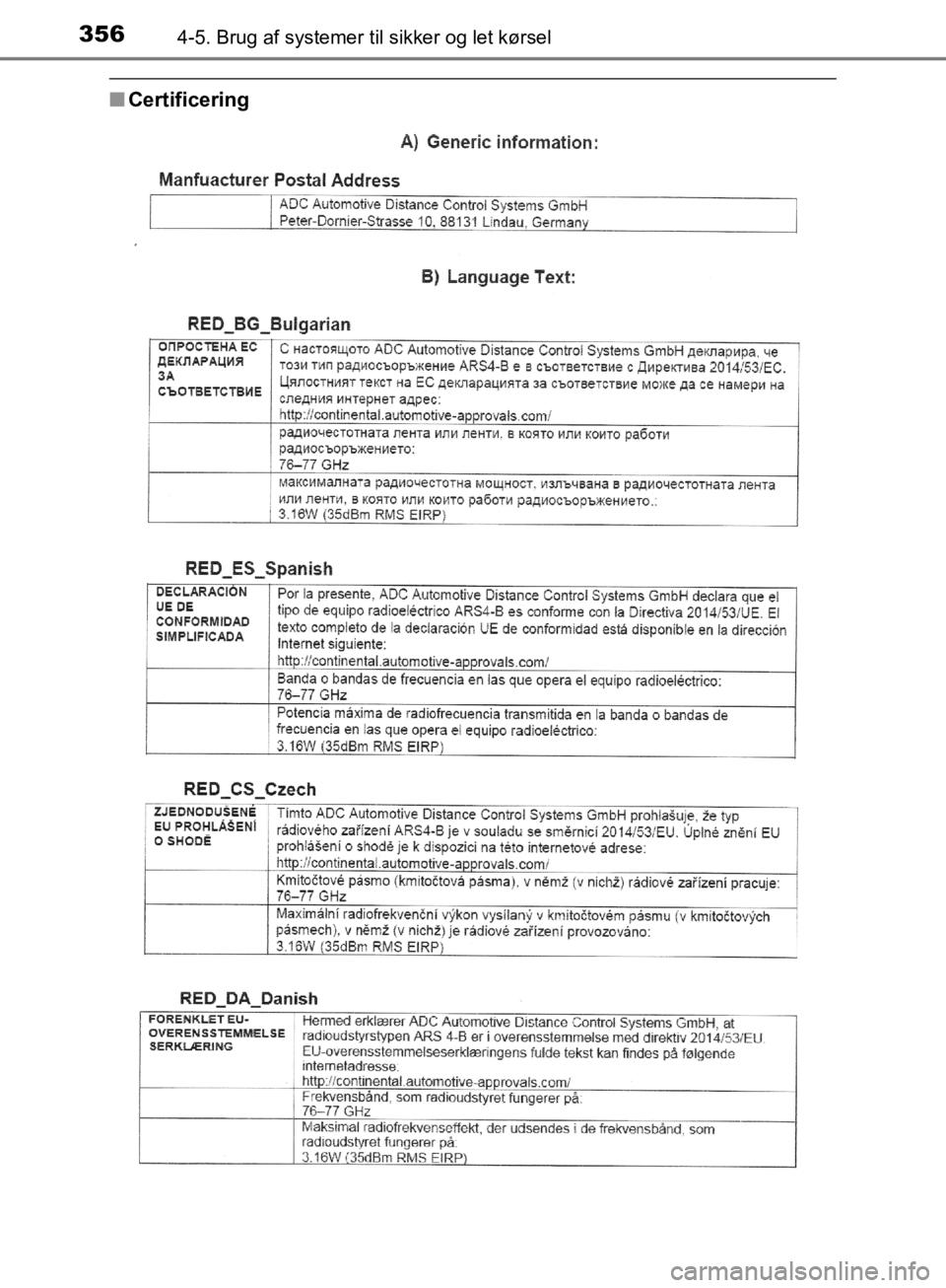 TOYOTA C-HR 2019 Brugsanvisning (in Danish) 3564-5. Brug af systemer til sikker og let kørsel
C-HR_HV_OM_Europe_OM10647DK
nCertificering
OM10647DK.book Page 356 Monday, November 25, 2019 9:42 AM TOYOTA C-HR 2019 Brugsanvisning (in Danish) 3564-5. Brug af systemer til sikker og let kørsel
C-HR_HV_OM_Europe_OM10647DK
nCertificering
OM10647DK.book Page 356 Monday, November 25, 2019 9:42 AM