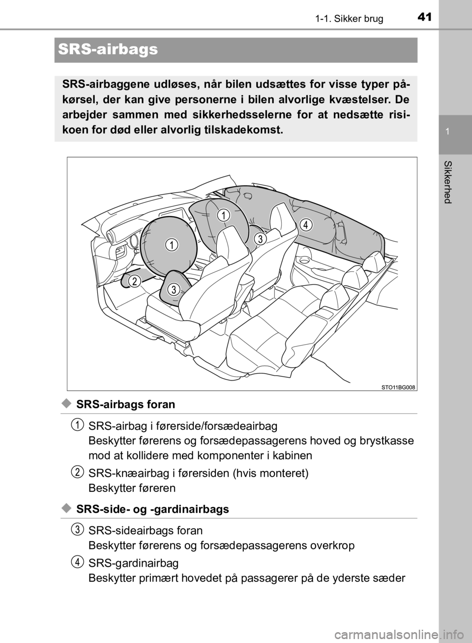 TOYOTA C-HR 2019 Brugsanvisning (in Danish) 411-1. Sikker brug
1
Sikkerhed
C-HR_HV_OM_Europe_OM10647DK
SRS-airbags
uSRS-airbags foranSRS-airbag i førerside/forsædeairbag
Beskytter førerens og forsædepassagerens hoved og brystkasse
mod at ko TOYOTA C-HR 2019 Brugsanvisning (in Danish) 411-1. Sikker brug
1
Sikkerhed
C-HR_HV_OM_Europe_OM10647DK
SRS-airbags
uSRS-airbags foranSRS-airbag i førerside/forsædeairbag
Beskytter førerens og forsædepassagerens hoved og brystkasse
mod at ko