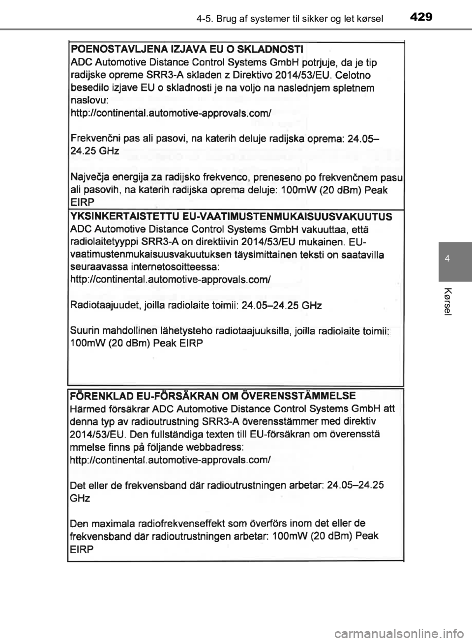 TOYOTA C-HR 2019  Brugsanvisning (in Danish) 4294-5. Brug af systemer til sikker og let kørsel
4
Kørsel
C-HR_HV_OM_Europe_OM10647DK
OM10647DK.book  Page 429  Monday, November 25, 2019  9:42 AM 