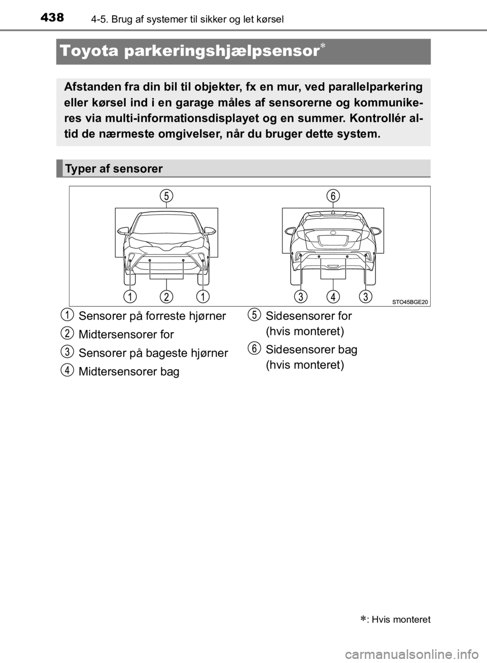 TOYOTA C-HR 2019  Brugsanvisning (in Danish) 4384-5. Brug af systemer til sikker og let kørsel
C-HR_HV_OM_Europe_OM10647DK
Toyota parkeringshjælpsensor
: Hvis monteret
Afstanden fra din bil til objekter, fx  en mur, ved parallelparkering