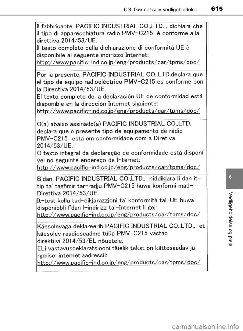 TOYOTA C-HR 2019  Brugsanvisning (in Danish) 6156-3. Gør det selv-vedligeholdelse
C-HR_HV_OM_Europe_OM10647DK
6
Vedligeholdelse og pleje
OM10647DK.book  Page 615  Monday, November 25, 2019  9:42 AM 