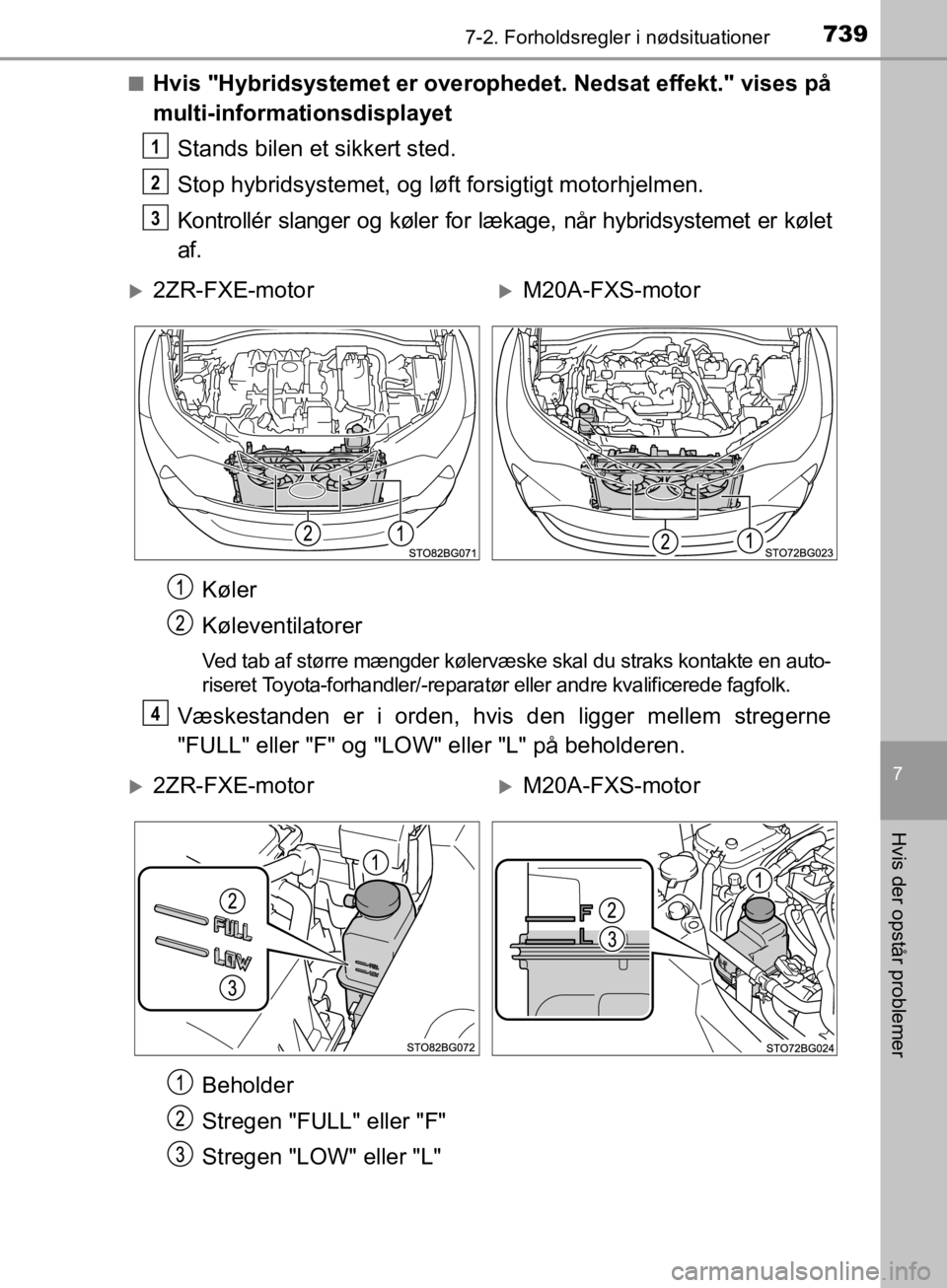 TOYOTA C-HR 2019 Brugsanvisning (in Danish) 7397-2. Forholdsregler i nødsituationer
C-HR_HV_OM_Europe_OM10647DK
7
Hvis der opstår problemer
nHvis "Hybridsystemet er overophedet. Nedsat effekt." vises på
multi-informationsdisplayetStands bile TOYOTA C-HR 2019 Brugsanvisning (in Danish) 7397-2. Forholdsregler i nødsituationer
C-HR_HV_OM_Europe_OM10647DK
7
Hvis der opstår problemer
nHvis "Hybridsystemet er overophedet. Nedsat effekt." vises på
multi-informationsdisplayetStands bile