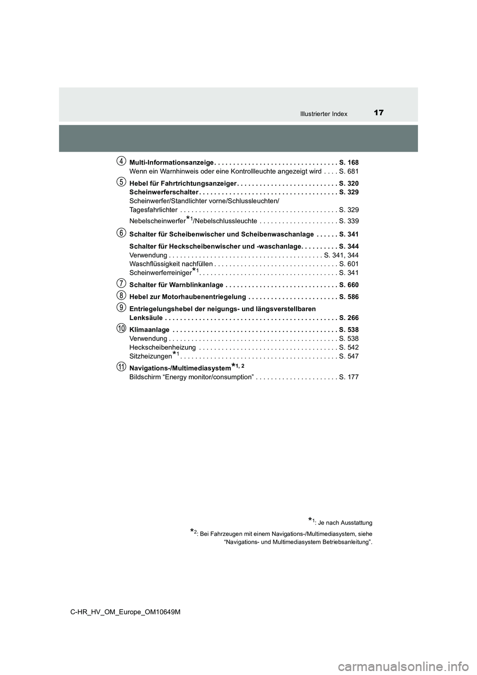 TOYOTA C-HR 2019  Betriebsanleitungen (in German) 17Illustrierter Index
C-HR_HV_OM_Europe_OM10649M 
Multi-Informationsanzeige . . . . . . . . . . . . . . . . . . . . . . . . . . . . . . . . . S. 168 
Wenn ein Warnhinweis oder eine Kontrollleuchte ang