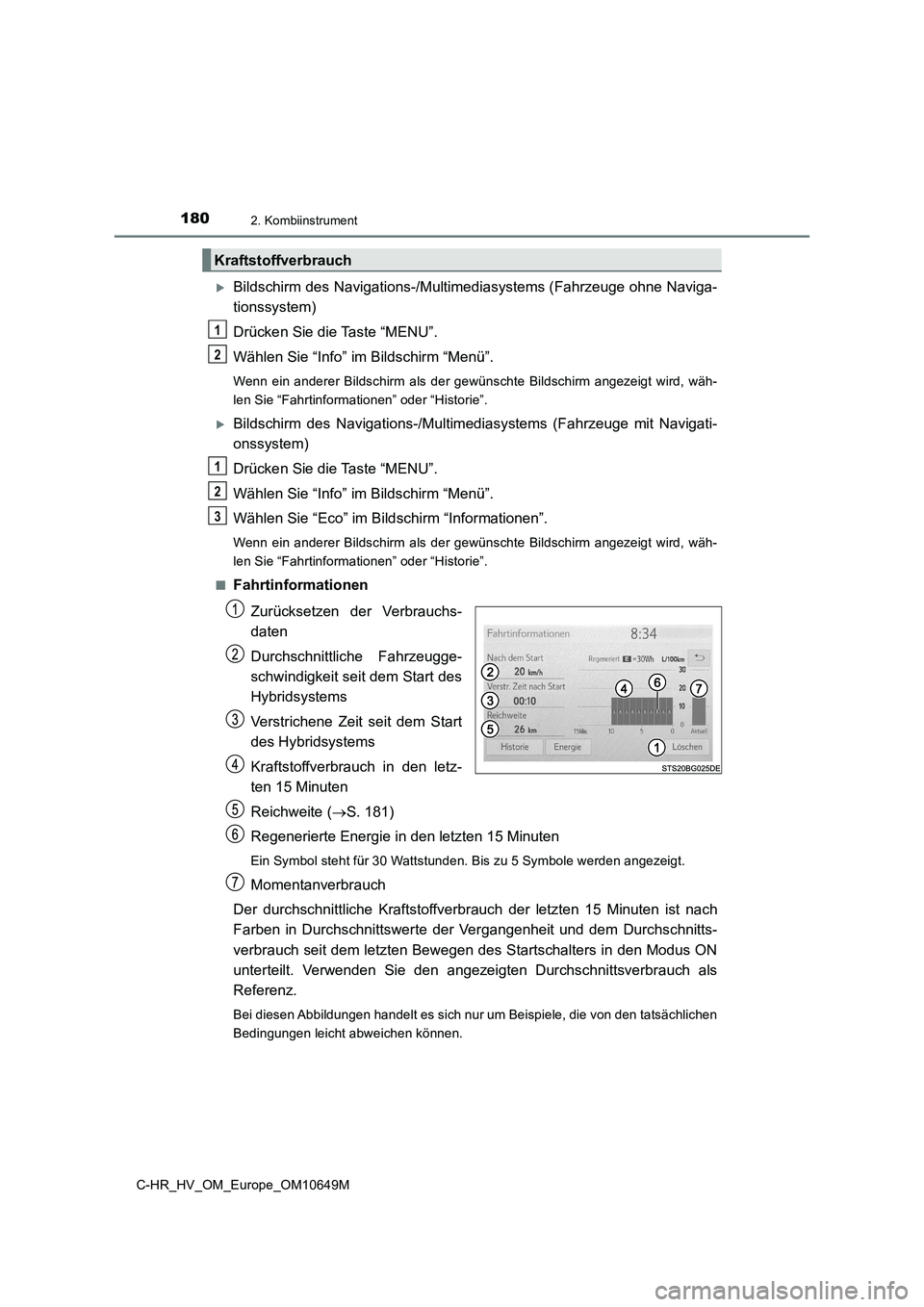 TOYOTA C-HR 2019 Betriebsanleitungen (in German) 1802. Kombiinstrument
C-HR_HV_OM_Europe_OM10649M
Bildschirm des Navigations-/Multimediasystems (Fahrzeuge ohne Naviga-
tionssystem)
Drücken Sie die Taste “MENU”.
Wählen Sie “Info” im B TOYOTA C-HR 2019 Betriebsanleitungen (in German) 1802. Kombiinstrument
C-HR_HV_OM_Europe_OM10649M
Bildschirm des Navigations-/Multimediasystems (Fahrzeuge ohne Naviga-
tionssystem)
Drücken Sie die Taste “MENU”.
Wählen Sie “Info” im B