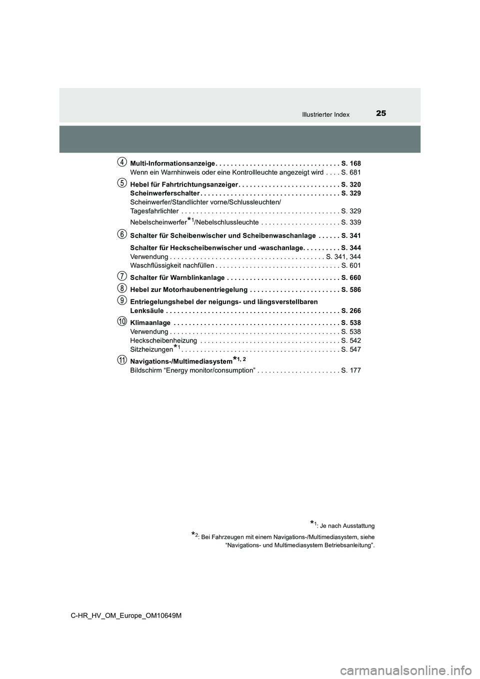 TOYOTA C-HR 2019  Betriebsanleitungen (in German) 25Illustrierter Index
C-HR_HV_OM_Europe_OM10649M 
Multi-Informationsanzeige . . . . . . . . . . . . . . . . . . . . . . . . . . . . . . . . . S. 168 
Wenn ein Warnhinweis oder eine Kontrollleuchte ang