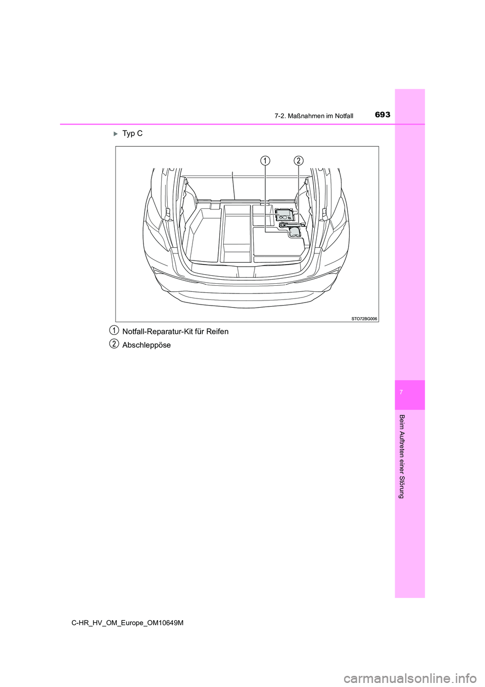 TOYOTA C-HR 2019  Betriebsanleitungen (in German) 6937-2. Maßnahmen im Notfall
C-HR_HV_OM_Europe_OM10649M
7
Beim Auftreten einer Störung
Ty p  C 
Notfall-Reparatur-Kit für Reifen 
Abschleppöse 