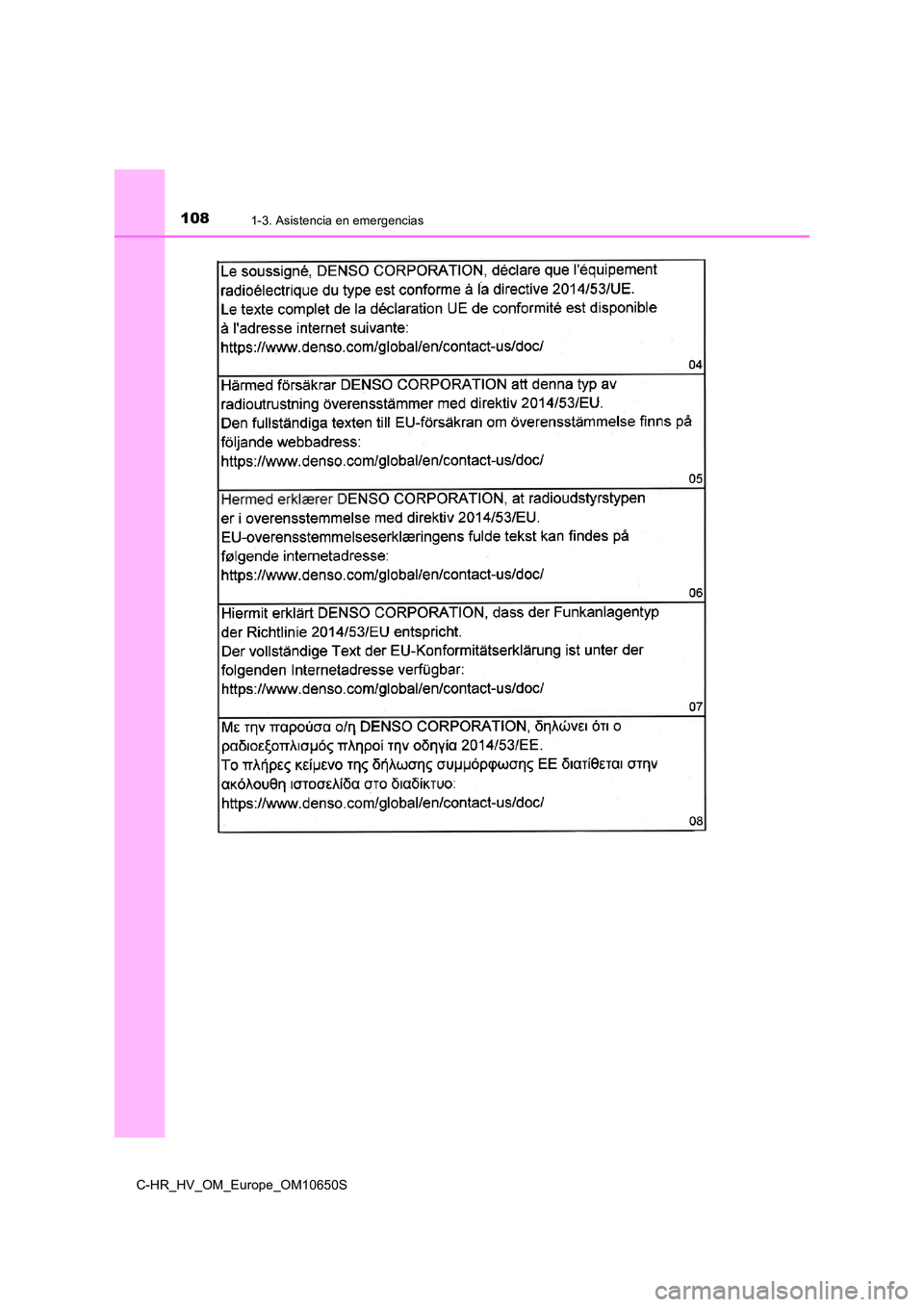 TOYOTA C-HR 2019  Manual del propietario (in Spanish) 1081-3. Asistencia en emergencias
C-HR_HV_OM_Europe_OM10650S 