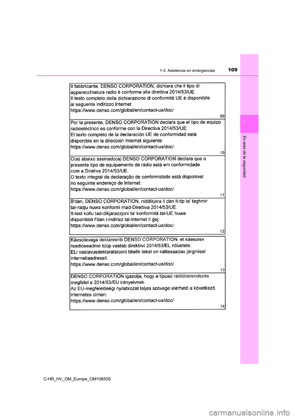 TOYOTA C-HR 2019  Manual del propietario (in Spanish) 1091-3. Asistencia en emergencias
1
En aras de la seguridad
C-HR_HV_OM_Europe_OM10650S 