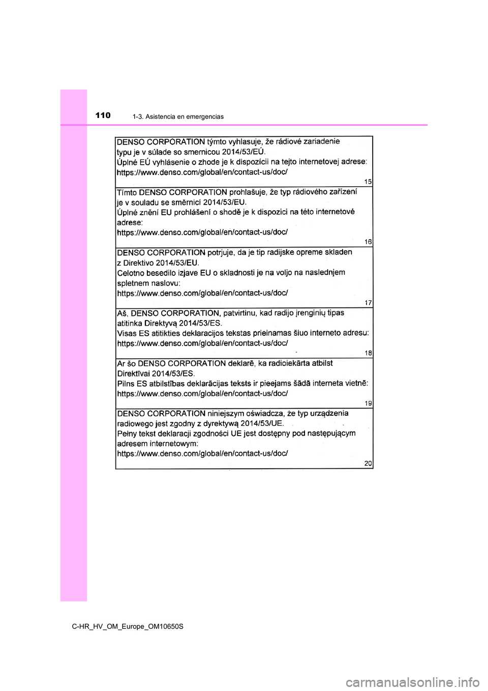TOYOTA C-HR 2019  Manual del propietario (in Spanish) 1101-3. Asistencia en emergencias
C-HR_HV_OM_Europe_OM10650S 