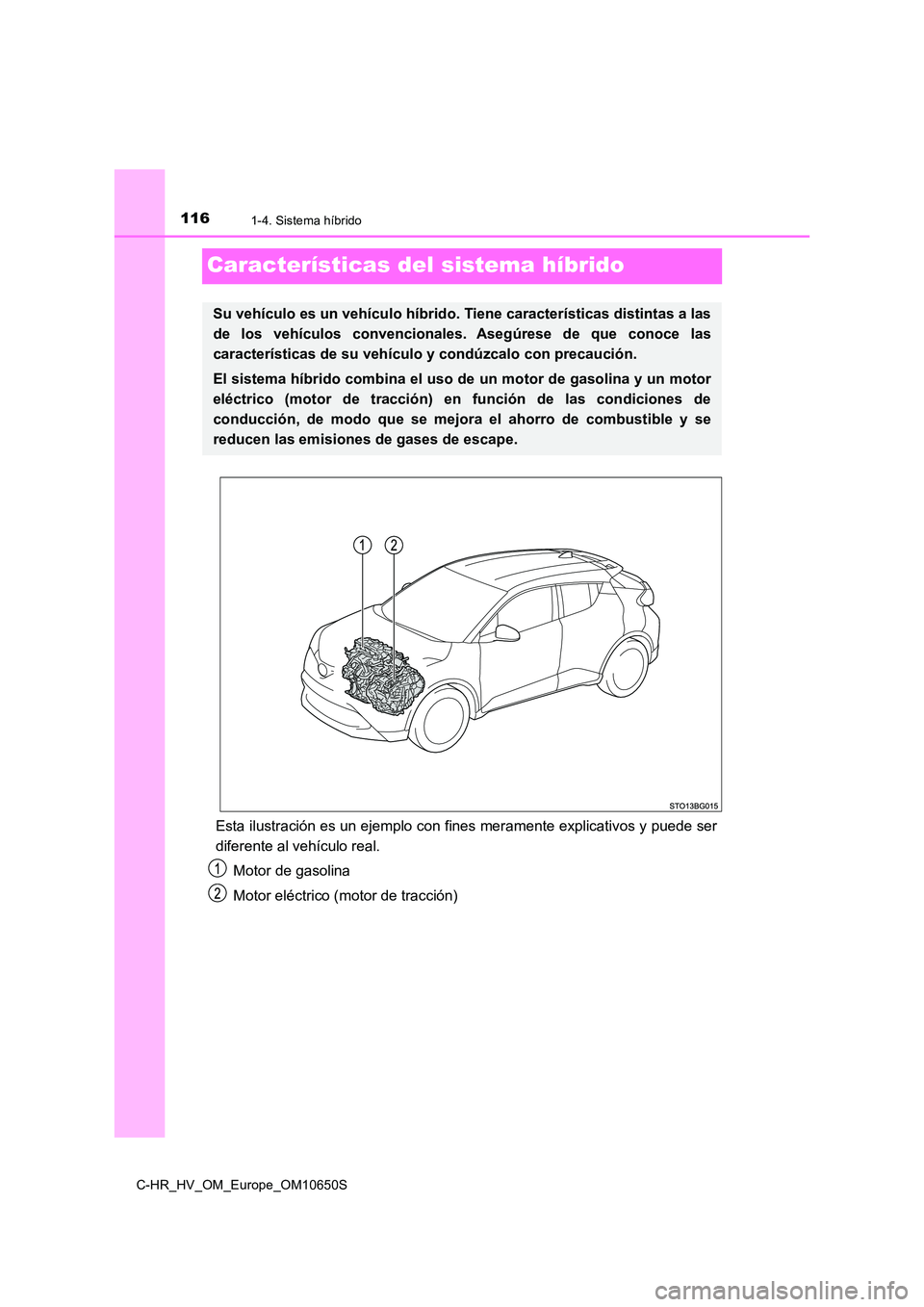 TOYOTA C-HR 2019  Manual del propietario (in Spanish) 1161-4. Sistema híbrido
C-HR_HV_OM_Europe_OM10650S
Características del sistema híbrido
Esta ilustración es un ejemplo con fines meramente explicativos y puede ser 
diferente al vehículo real. 
Mo