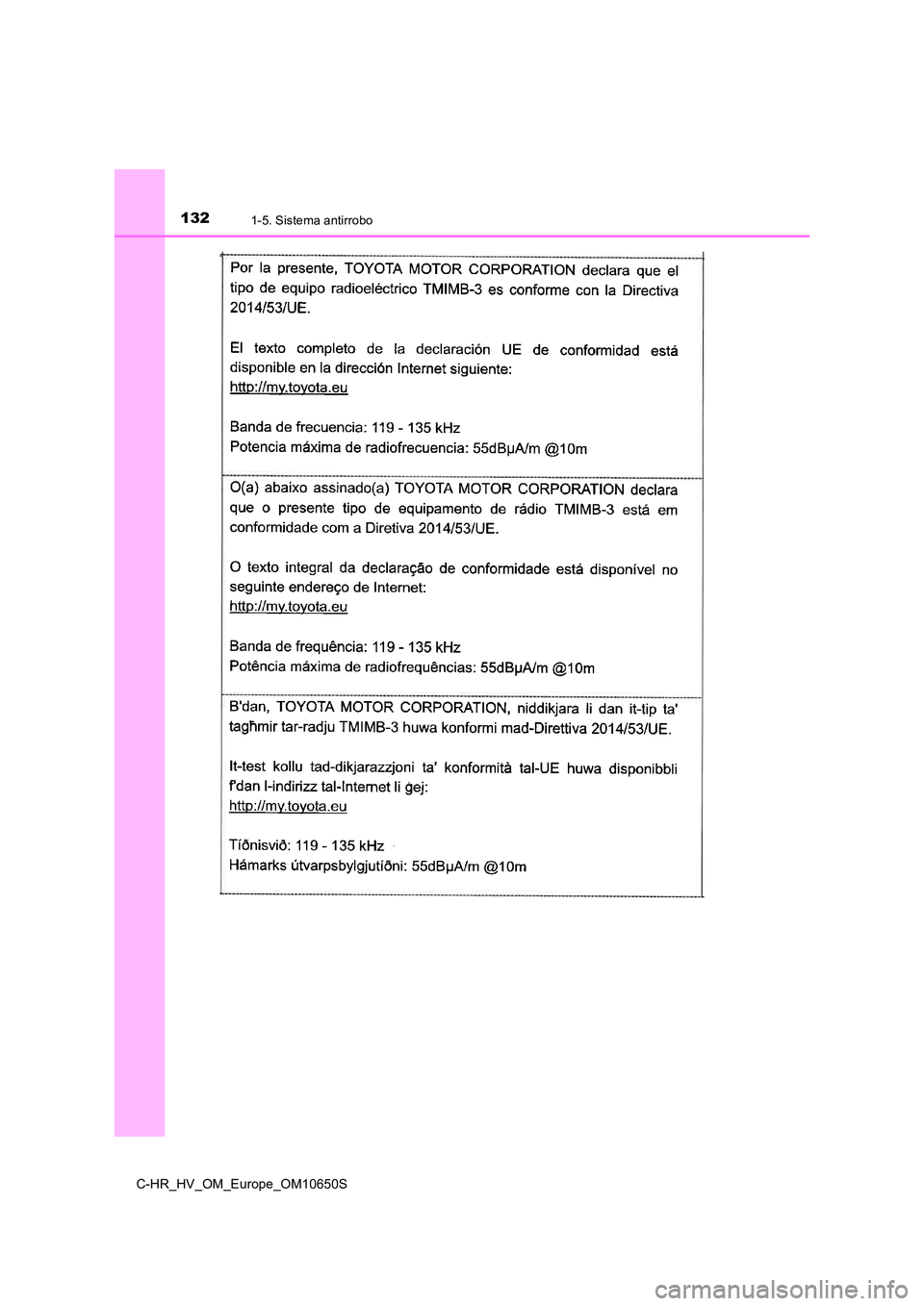 TOYOTA C-HR 2019  Manual del propietario (in Spanish) 1321-5. Sistema antirrobo
C-HR_HV_OM_Europe_OM10650S 