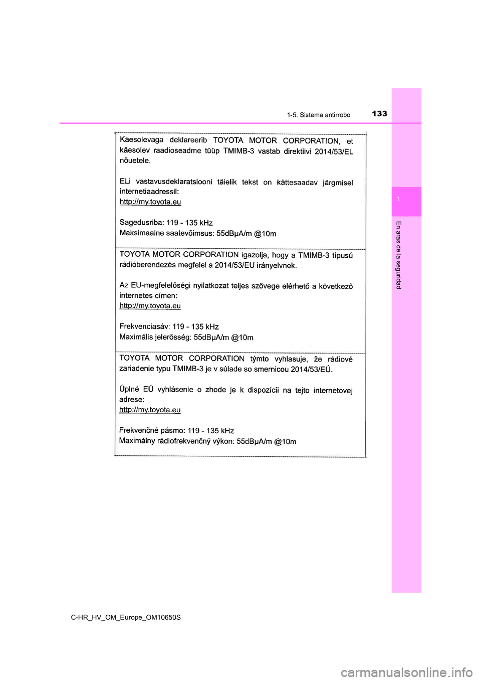 TOYOTA C-HR 2019  Manual del propietario (in Spanish) 1331-5. Sistema antirrobo
1
En aras de la seguridad
C-HR_HV_OM_Europe_OM10650S 