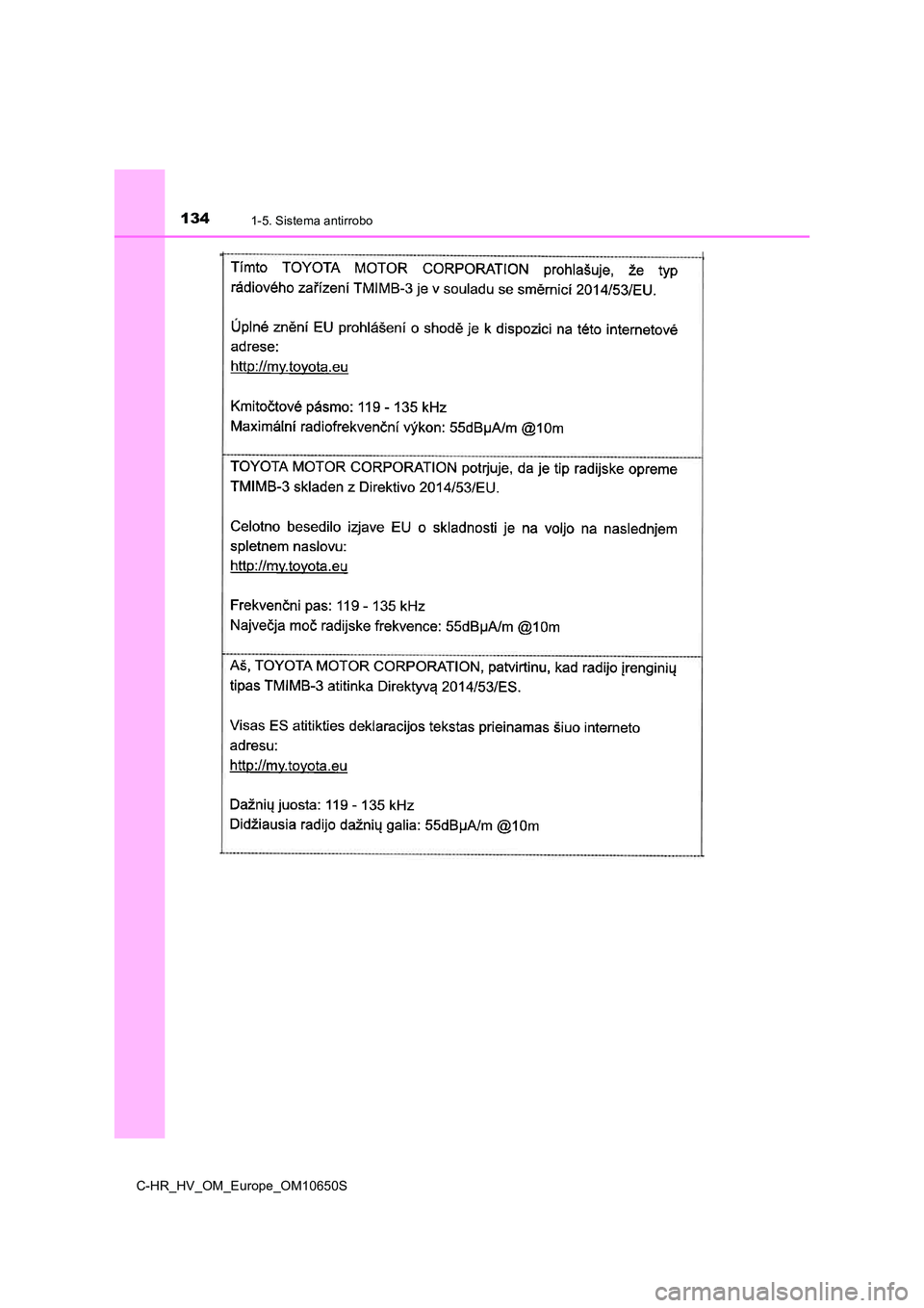 TOYOTA C-HR 2019  Manual del propietario (in Spanish) 1341-5. Sistema antirrobo
C-HR_HV_OM_Europe_OM10650S 