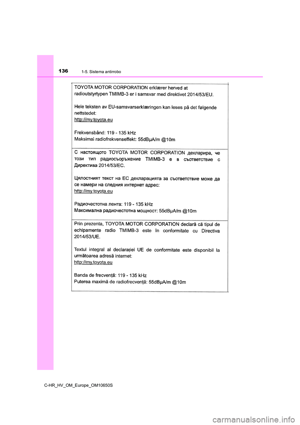 TOYOTA C-HR 2019  Manual del propietario (in Spanish) 1361-5. Sistema antirrobo
C-HR_HV_OM_Europe_OM10650S 