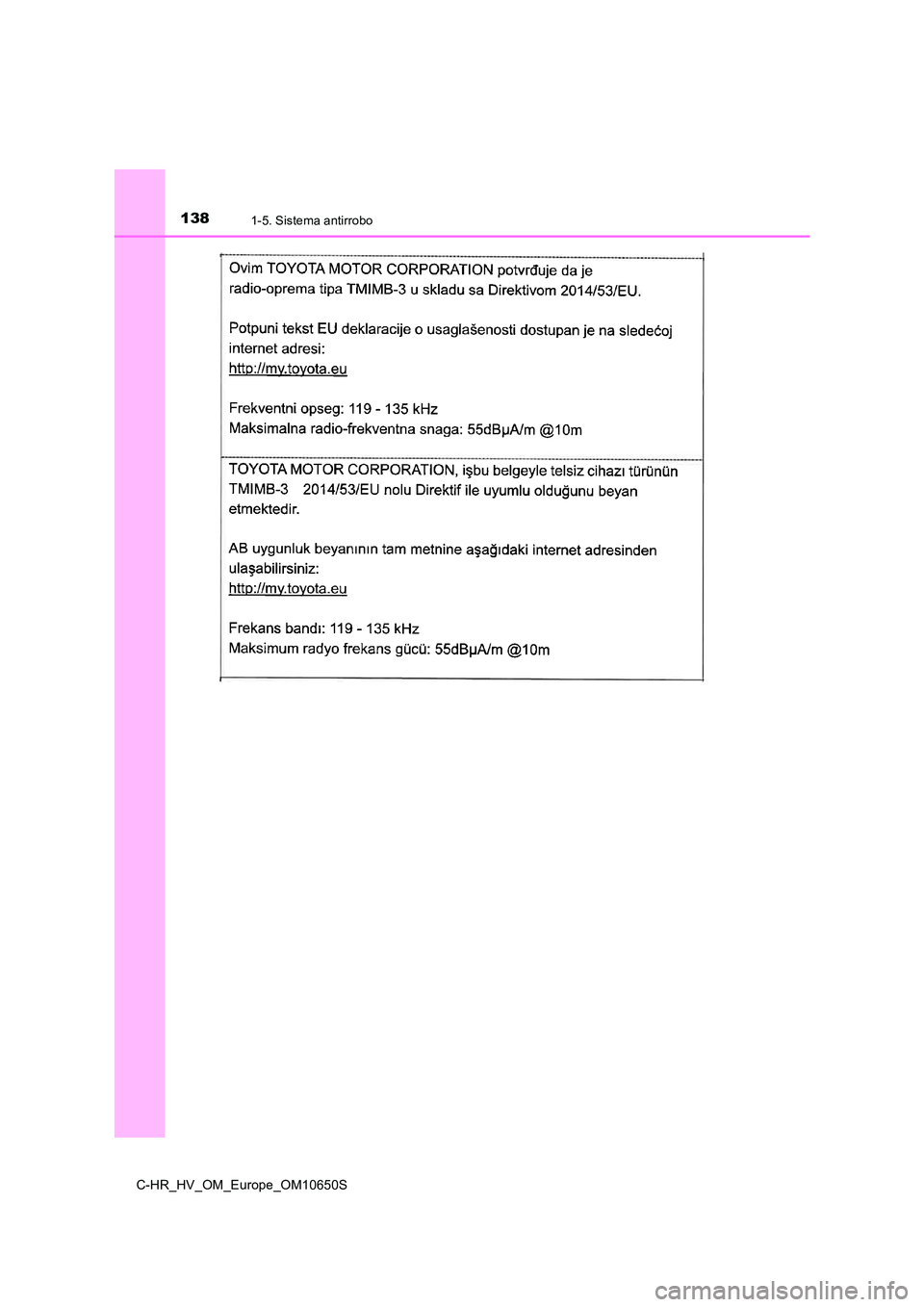 TOYOTA C-HR 2019  Manual del propietario (in Spanish) 1381-5. Sistema antirrobo
C-HR_HV_OM_Europe_OM10650S 