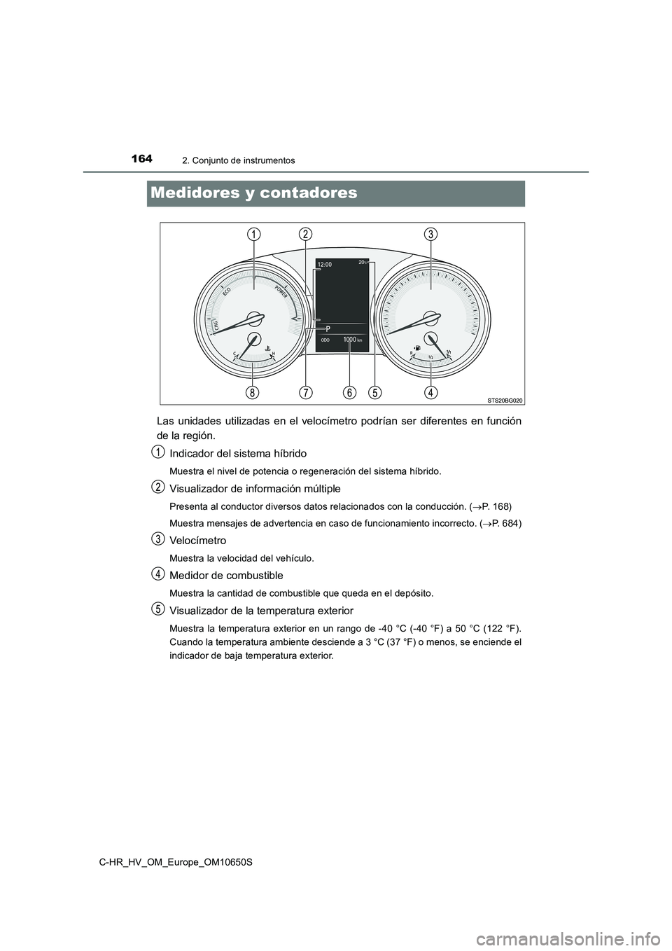 TOYOTA C-HR 2019  Manual del propietario (in Spanish) 1642. Conjunto de instrumentos
C-HR_HV_OM_Europe_OM10650S
Medidores y contadores
Las unidades utilizadas en el velocímetro podrían ser diferentes en función 
de la región. 
Indicador del sistema h