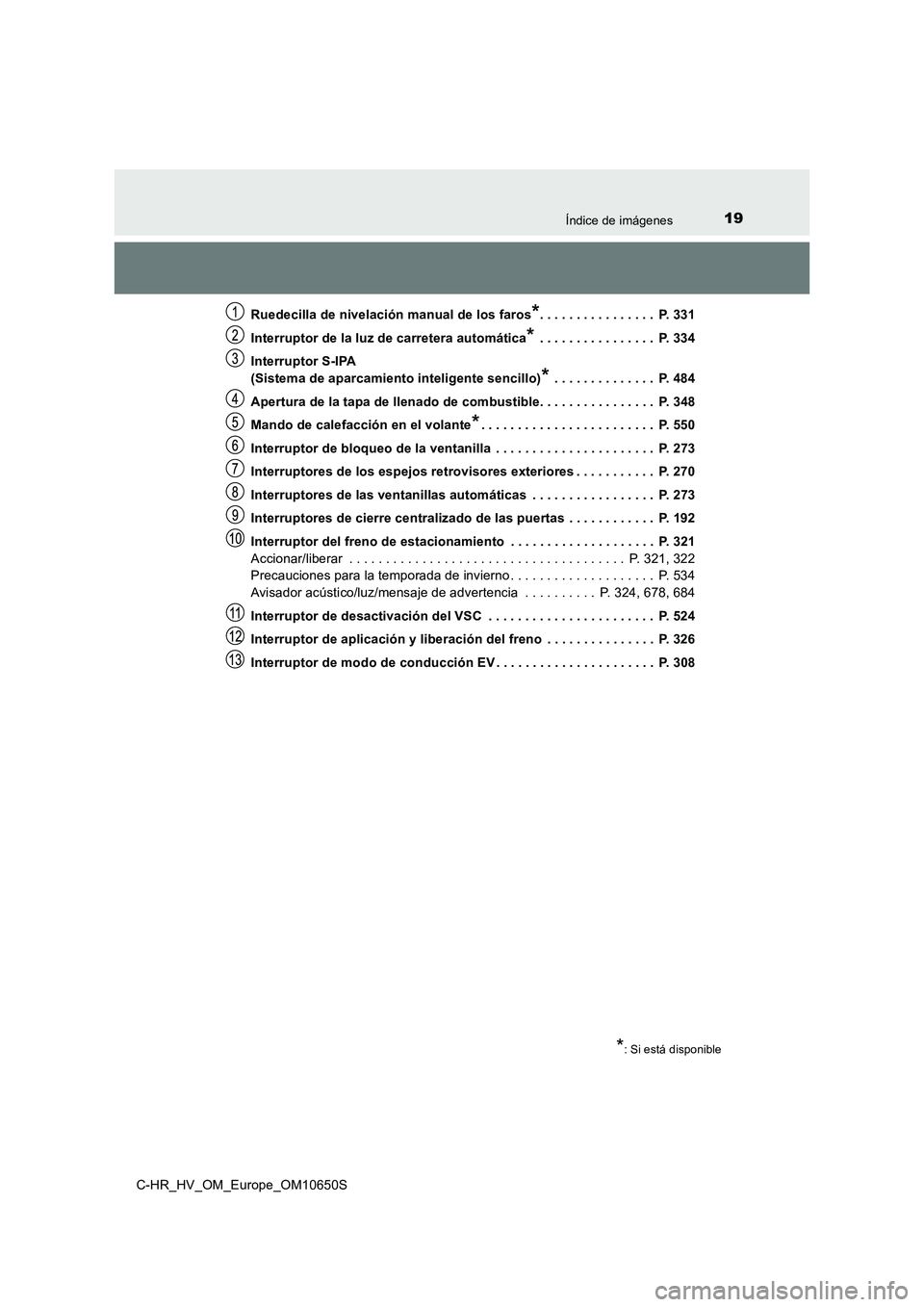 TOYOTA C-HR 2019 Manual del propietario (in Spanish) 19Índice de imágenes
C-HR_HV_OM_Europe_OM10650S
Ruedecilla de nivelación manual de los faros*. . . . . . . . . . . . . . . . P. 331
Interruptor de la luz de carretera automática* . . . . . . . TOYOTA C-HR 2019 Manual del propietario (in Spanish) 19Índice de imágenes
C-HR_HV_OM_Europe_OM10650S
Ruedecilla de nivelación manual de los faros*. . . . . . . . . . . . . . . . P. 331
Interruptor de la luz de carretera automática* . . . . . . .