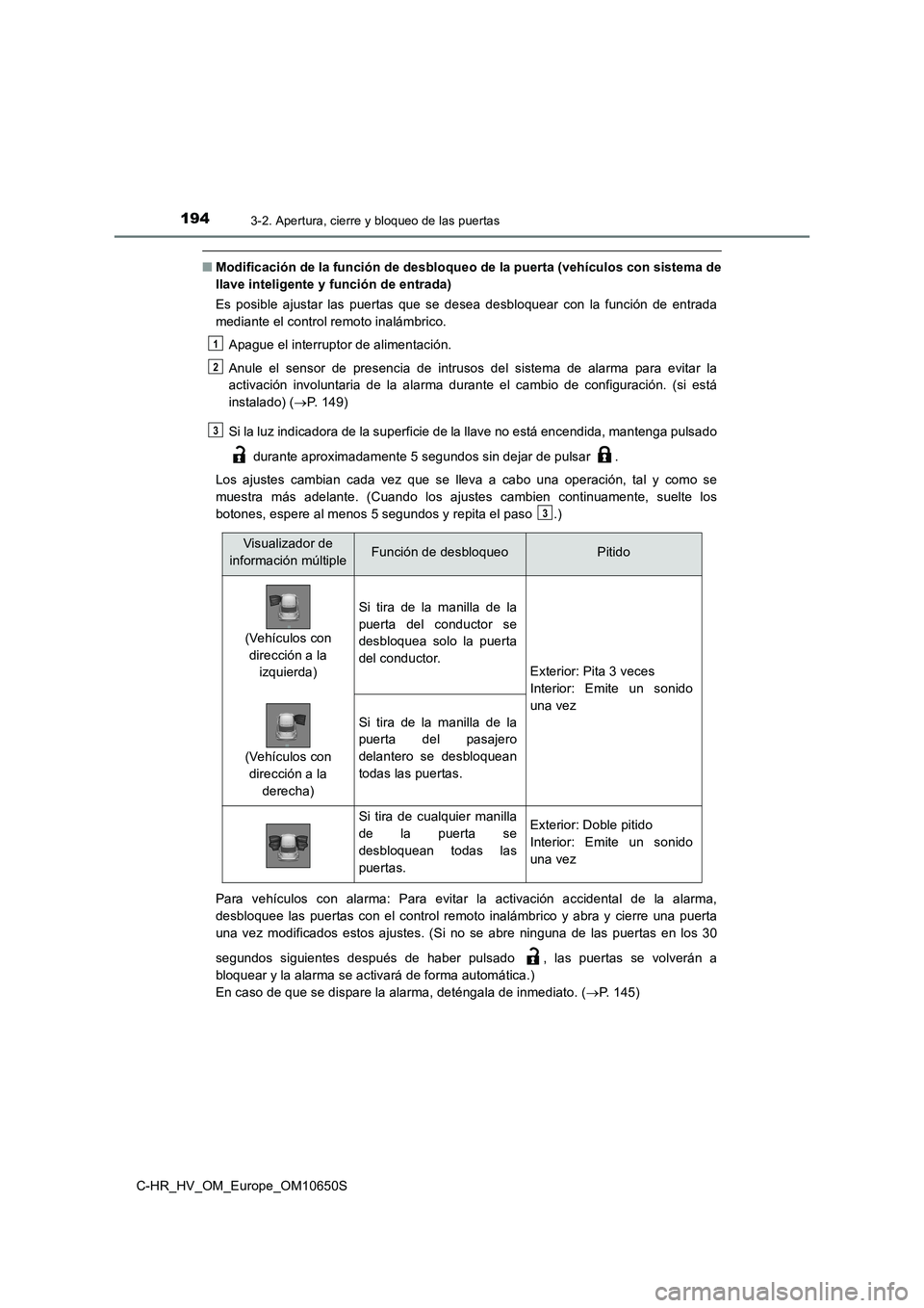 TOYOTA C-HR 2019 Manual del propietario (in Spanish) 1943-2. Apertura, cierre y bloqueo de las puertas
C-HR_HV_OM_Europe_OM10650S
■Modificación de la función de desbloqueo de la puerta (vehículos con sistema de
llave inteligente y función de entr TOYOTA C-HR 2019 Manual del propietario (in Spanish) 1943-2. Apertura, cierre y bloqueo de las puertas
C-HR_HV_OM_Europe_OM10650S
■Modificación de la función de desbloqueo de la puerta (vehículos con sistema de
llave inteligente y función de entr