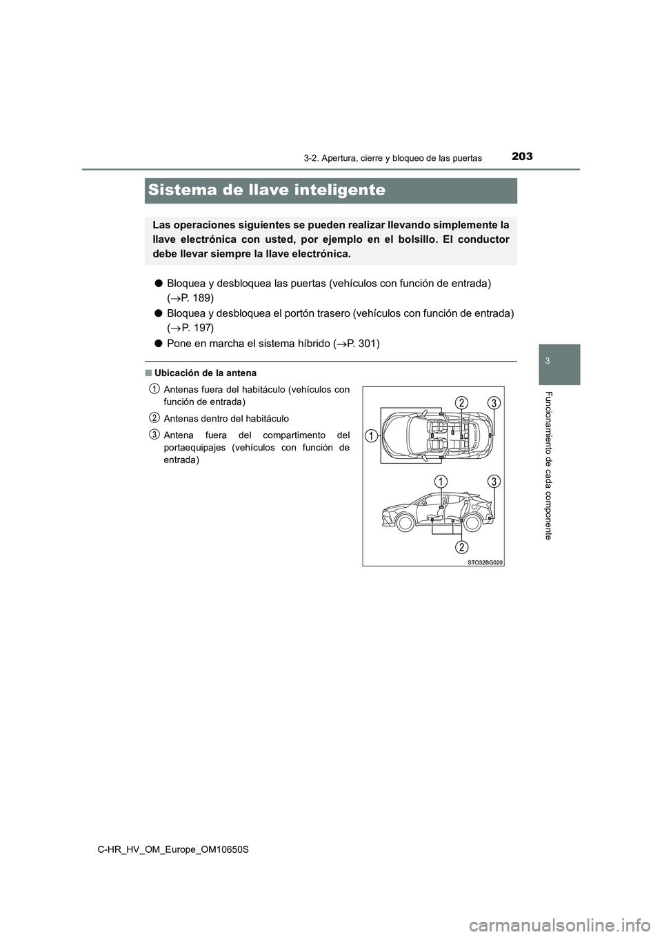 TOYOTA C-HR 2019 Manual del propietario (in Spanish) 203
3
3-2. Apertura, cierre y bloqueo de las puertas
Funcionamiento de cada componente
C-HR_HV_OM_Europe_OM10650S
Sistema de llave inteligente
●Bloquea y desbloquea las puertas (vehículos con funci TOYOTA C-HR 2019 Manual del propietario (in Spanish) 203
3
3-2. Apertura, cierre y bloqueo de las puertas
Funcionamiento de cada componente
C-HR_HV_OM_Europe_OM10650S
Sistema de llave inteligente
●Bloquea y desbloquea las puertas (vehículos con funci