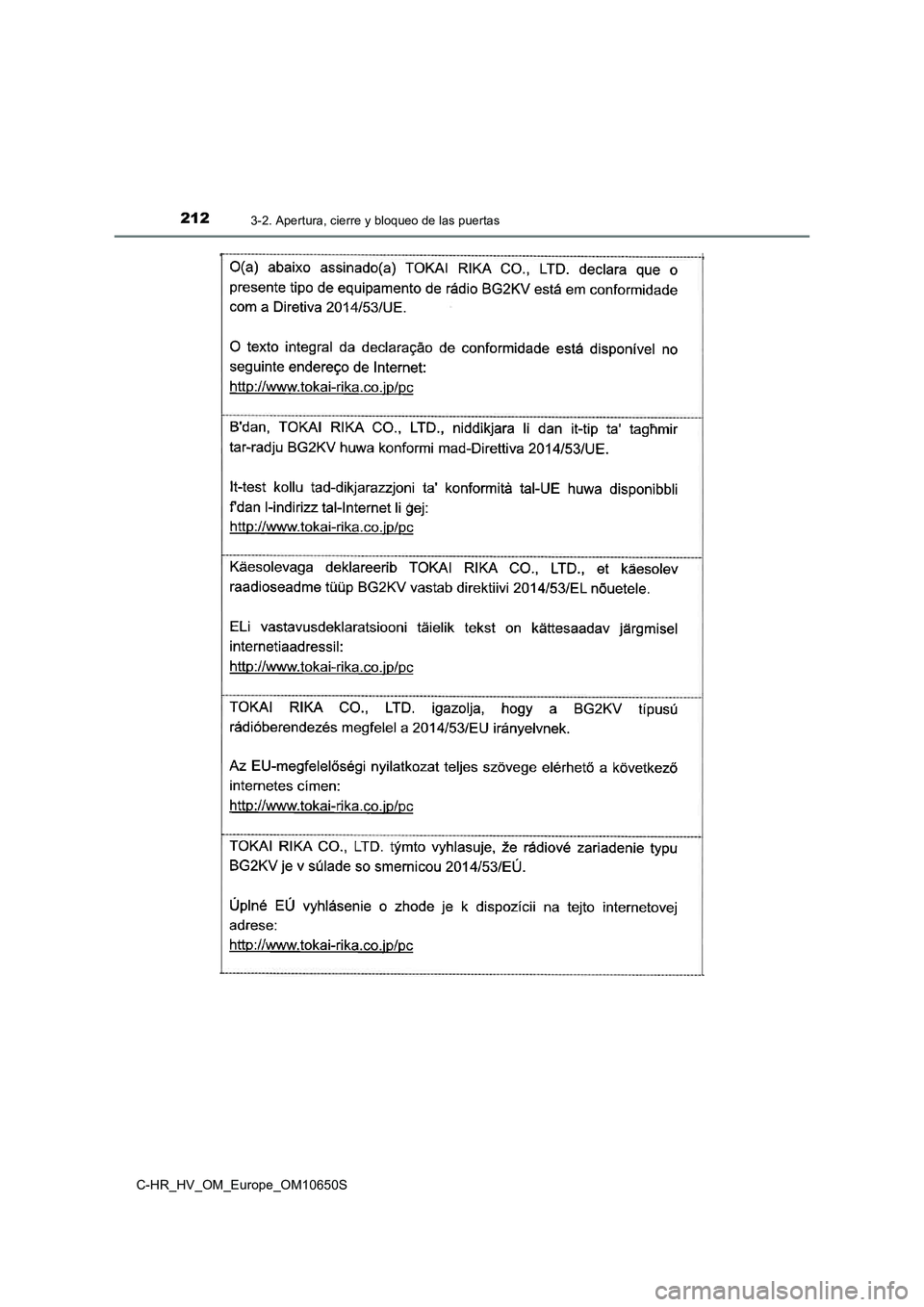 TOYOTA C-HR 2019 Manual del propietario (in Spanish) 2123-2. Apertura, cierre y bloqueo de las puertas
C-HR_HV_OM_Europe_OM10650S TOYOTA C-HR 2019 Manual del propietario (in Spanish) 2123-2. Apertura, cierre y bloqueo de las puertas
C-HR_HV_OM_Europe_OM10650S
