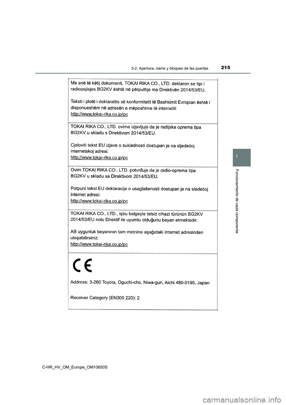 TOYOTA C-HR 2019 Manual del propietario (in Spanish) 2153-2. Apertura, cierre y bloqueo de las puertas
3
Funcionamiento de cada componente
C-HR_HV_OM_Europe_OM10650S TOYOTA C-HR 2019 Manual del propietario (in Spanish) 2153-2. Apertura, cierre y bloqueo de las puertas
3
Funcionamiento de cada componente
C-HR_HV_OM_Europe_OM10650S