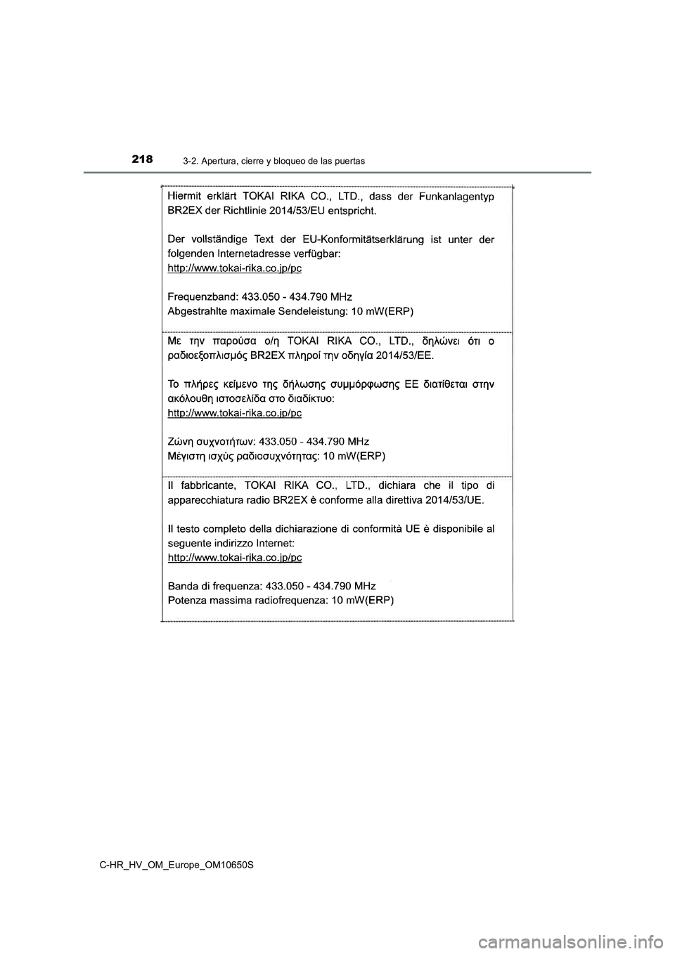 TOYOTA C-HR 2019 Manual del propietario (in Spanish) 2183-2. Apertura, cierre y bloqueo de las puertas
C-HR_HV_OM_Europe_OM10650S TOYOTA C-HR 2019 Manual del propietario (in Spanish) 2183-2. Apertura, cierre y bloqueo de las puertas
C-HR_HV_OM_Europe_OM10650S