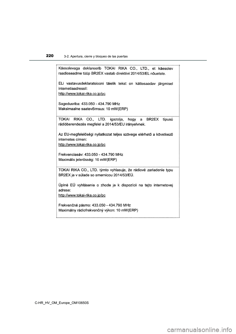 TOYOTA C-HR 2019 Manual del propietario (in Spanish) 2203-2. Apertura, cierre y bloqueo de las puertas
C-HR_HV_OM_Europe_OM10650S TOYOTA C-HR 2019 Manual del propietario (in Spanish) 2203-2. Apertura, cierre y bloqueo de las puertas
C-HR_HV_OM_Europe_OM10650S