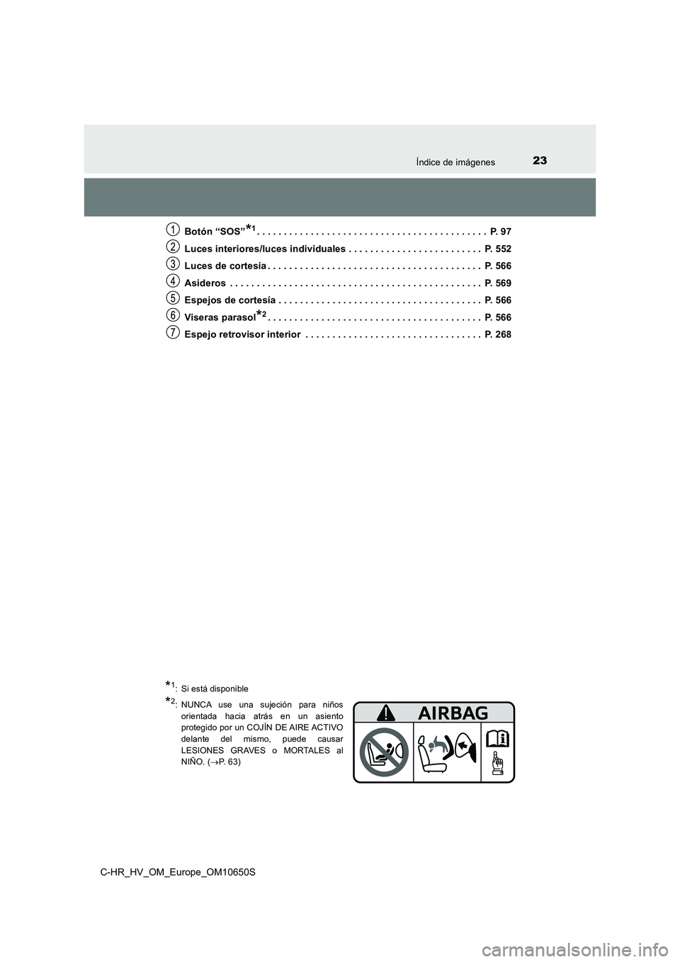 TOYOTA C-HR 2019 Manual del propietario (in Spanish) 23Índice de imágenes
C-HR_HV_OM_Europe_OM10650S
Botón “SOS”*1. . . . . . . . . . . . . . . . . . . . . . . . . . . . . . . . . . . . . . . . . . . P. 97
Luces interiores/luces individuales . TOYOTA C-HR 2019 Manual del propietario (in Spanish) 23Índice de imágenes
C-HR_HV_OM_Europe_OM10650S
Botón “SOS”*1. . . . . . . . . . . . . . . . . . . . . . . . . . . . . . . . . . . . . . . . . . . P. 97
Luces interiores/luces individuales .