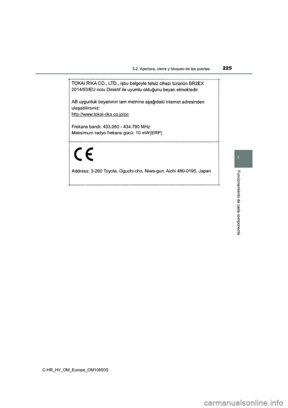 TOYOTA C-HR 2019 Manual del propietario (in Spanish) 2253-2. Apertura, cierre y bloqueo de las puertas
3
Funcionamiento de cada componente
C-HR_HV_OM_Europe_OM10650S TOYOTA C-HR 2019 Manual del propietario (in Spanish) 2253-2. Apertura, cierre y bloqueo de las puertas
3
Funcionamiento de cada componente
C-HR_HV_OM_Europe_OM10650S