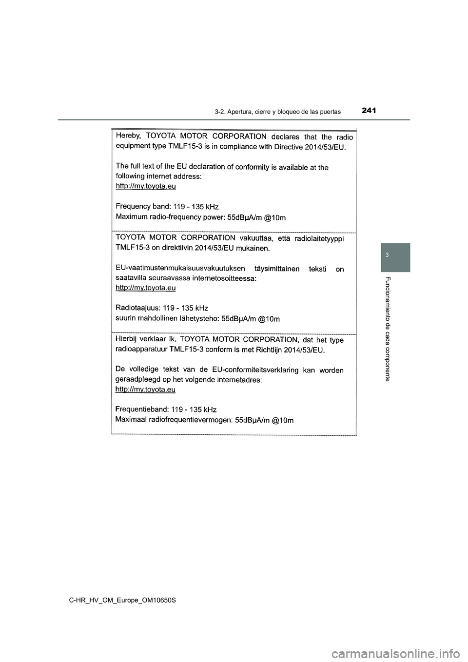 TOYOTA C-HR 2019 Manual del propietario (in Spanish) 2413-2. Apertura, cierre y bloqueo de las puertas
3
Funcionamiento de cada componente
C-HR_HV_OM_Europe_OM10650S TOYOTA C-HR 2019 Manual del propietario (in Spanish) 2413-2. Apertura, cierre y bloqueo de las puertas
3
Funcionamiento de cada componente
C-HR_HV_OM_Europe_OM10650S