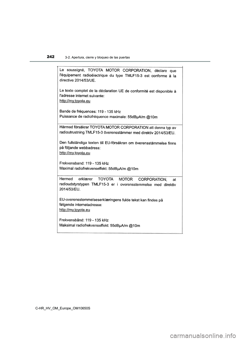 TOYOTA C-HR 2019 Manual del propietario (in Spanish) 2423-2. Apertura, cierre y bloqueo de las puertas
C-HR_HV_OM_Europe_OM10650S TOYOTA C-HR 2019 Manual del propietario (in Spanish) 2423-2. Apertura, cierre y bloqueo de las puertas
C-HR_HV_OM_Europe_OM10650S