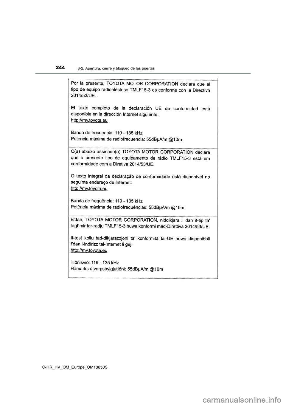 TOYOTA C-HR 2019 Manual del propietario (in Spanish) 2443-2. Apertura, cierre y bloqueo de las puertas
C-HR_HV_OM_Europe_OM10650S TOYOTA C-HR 2019 Manual del propietario (in Spanish) 2443-2. Apertura, cierre y bloqueo de las puertas
C-HR_HV_OM_Europe_OM10650S