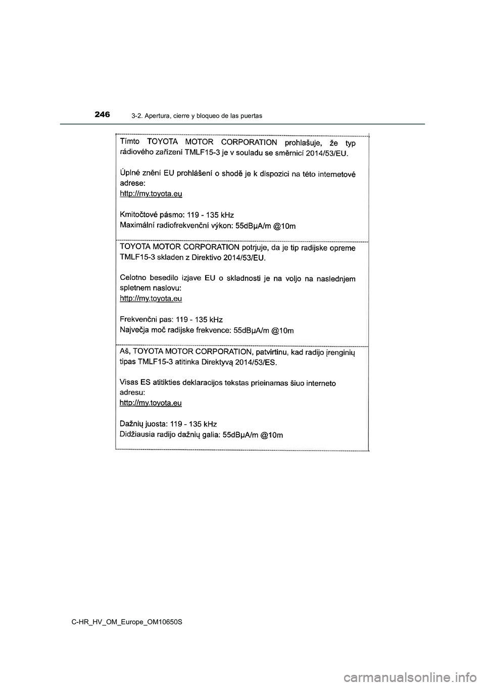 TOYOTA C-HR 2019 Manual del propietario (in Spanish) 2463-2. Apertura, cierre y bloqueo de las puertas
C-HR_HV_OM_Europe_OM10650S TOYOTA C-HR 2019 Manual del propietario (in Spanish) 2463-2. Apertura, cierre y bloqueo de las puertas
C-HR_HV_OM_Europe_OM10650S