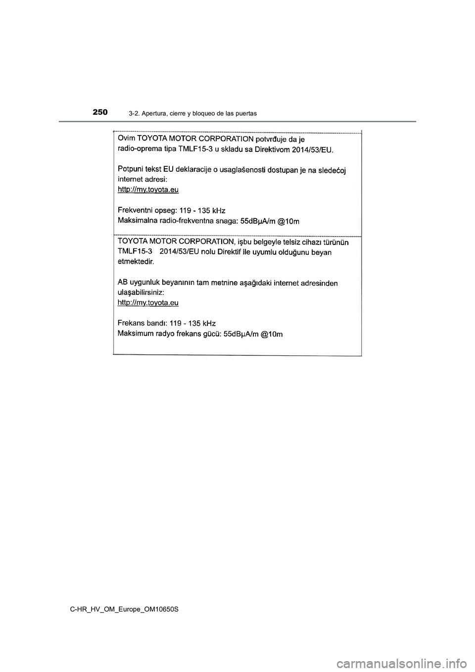 TOYOTA C-HR 2019 Manual del propietario (in Spanish) 2503-2. Apertura, cierre y bloqueo de las puertas
C-HR_HV_OM_Europe_OM10650S TOYOTA C-HR 2019 Manual del propietario (in Spanish) 2503-2. Apertura, cierre y bloqueo de las puertas
C-HR_HV_OM_Europe_OM10650S