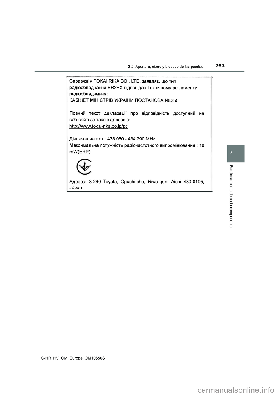 TOYOTA C-HR 2019  Manual del propietario (in Spanish) 2533-2. Apertura, cierre y bloqueo de las puertas
3
Funcionamiento de cada componente
C-HR_HV_OM_Europe_OM10650S 