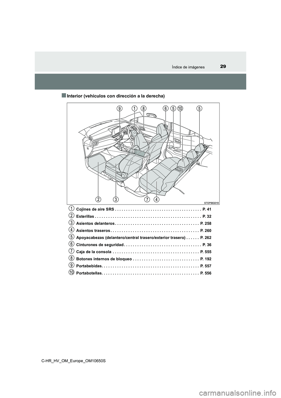TOYOTA C-HR 2019 Manual del propietario (in Spanish) 29Índice de imágenes
C-HR_HV_OM_Europe_OM10650S
■Interior (vehículos con dirección a la derecha)
Cojines de aire SRS . . . . . . . . . . . . . . . . . . . . . . . . . . . . . . . . . . . . . . . TOYOTA C-HR 2019 Manual del propietario (in Spanish) 29Índice de imágenes
C-HR_HV_OM_Europe_OM10650S
■Interior (vehículos con dirección a la derecha)
Cojines de aire SRS . . . . . . . . . . . . . . . . . . . . . . . . . . . . . . . . . . . . . . .