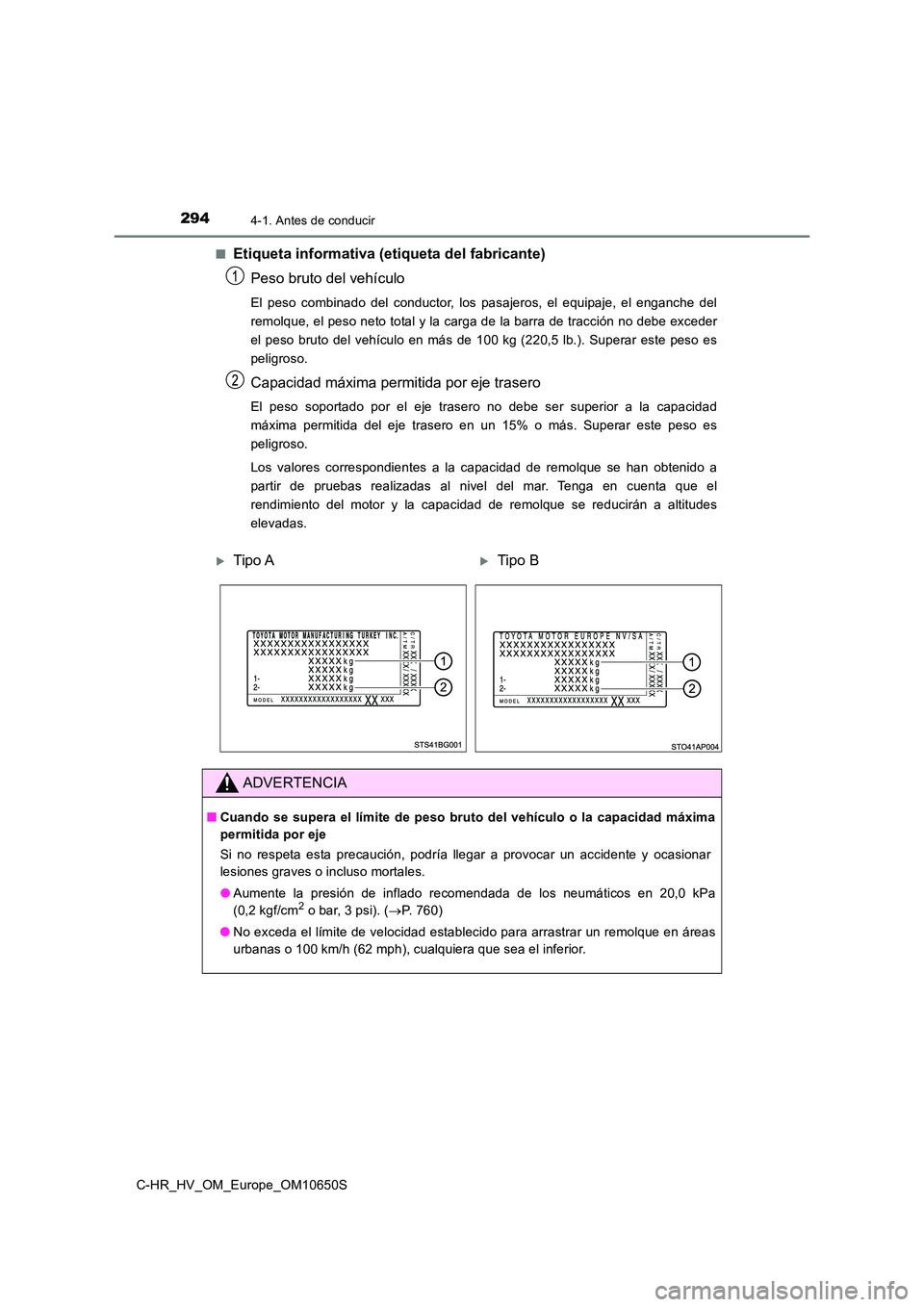 TOYOTA C-HR 2019 Manual del propietario (in Spanish) 2944-1. Antes de conducir
C-HR_HV_OM_Europe_OM10650S
■Etiqueta informativa (etiqueta del fabricante)
Peso bruto del vehículo
El peso combinado del conductor, los pasajeros, el equipaje, el enganc TOYOTA C-HR 2019 Manual del propietario (in Spanish) 2944-1. Antes de conducir
C-HR_HV_OM_Europe_OM10650S
■Etiqueta informativa (etiqueta del fabricante)
Peso bruto del vehículo
El peso combinado del conductor, los pasajeros, el equipaje, el enganc