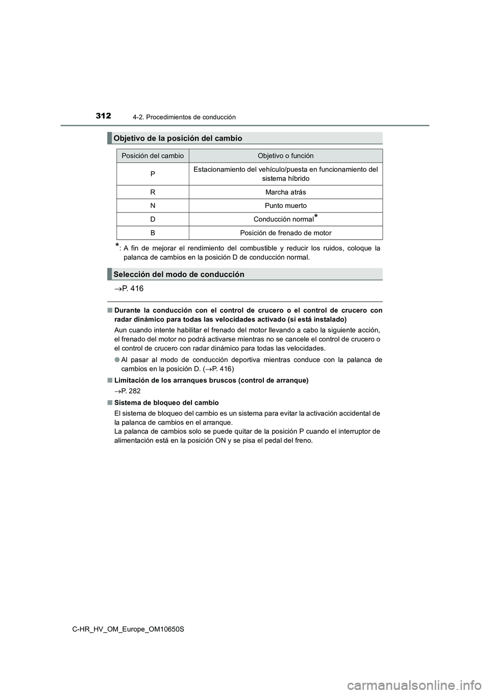 TOYOTA C-HR 2019 Manual del propietario (in Spanish) 3124-2. Procedimientos de conducción
C-HR_HV_OM_Europe_OM10650S
*: A fin de mejorar el rendimiento del combustible y reducir los ruidos, coloque la
palanca de cambios en la posición D de conducció TOYOTA C-HR 2019 Manual del propietario (in Spanish) 3124-2. Procedimientos de conducción
C-HR_HV_OM_Europe_OM10650S
*: A fin de mejorar el rendimiento del combustible y reducir los ruidos, coloque la
palanca de cambios en la posición D de conducció