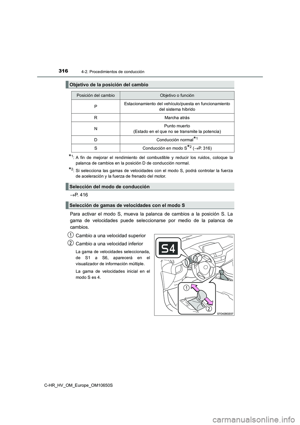 TOYOTA C-HR 2019 Manual del propietario (in Spanish) 3164-2. Procedimientos de conducción
C-HR_HV_OM_Europe_OM10650S
*1: A fin de mejorar el rendimiento del combustible y reducir los ruidos, coloque la
palanca de cambios en la posición D de conducci TOYOTA C-HR 2019 Manual del propietario (in Spanish) 3164-2. Procedimientos de conducción
C-HR_HV_OM_Europe_OM10650S
*1: A fin de mejorar el rendimiento del combustible y reducir los ruidos, coloque la
palanca de cambios en la posición D de conducci