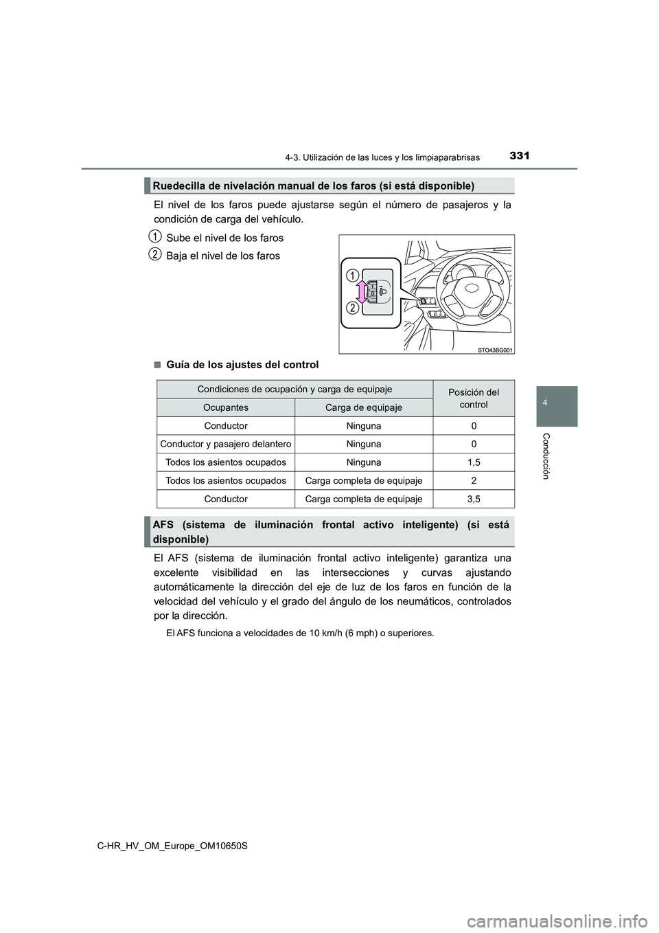 TOYOTA C-HR 2019 Manual del propietario (in Spanish) 3314-3. Utilización de las luces y los limpiaparabrisas
4
Conducción
C-HR_HV_OM_Europe_OM10650S
El nivel de los faros puede ajustarse según el número de pasajeros y la
condición de carga del veh TOYOTA C-HR 2019 Manual del propietario (in Spanish) 3314-3. Utilización de las luces y los limpiaparabrisas
4
Conducción
C-HR_HV_OM_Europe_OM10650S
El nivel de los faros puede ajustarse según el número de pasajeros y la
condición de carga del veh