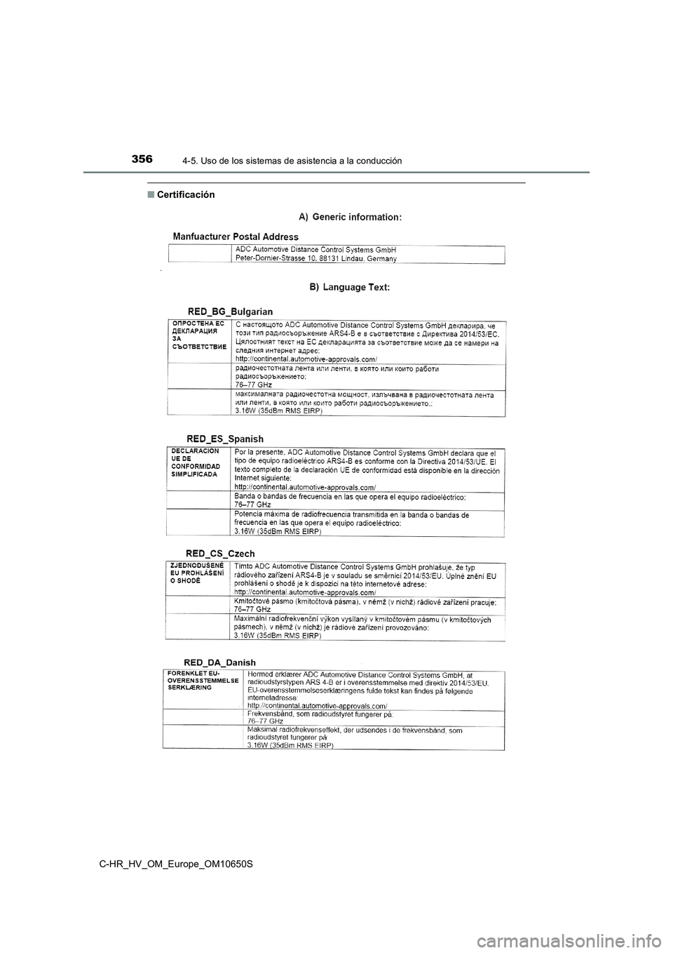TOYOTA C-HR 2019 Manual del propietario (in Spanish) 3564-5. Uso de los sistemas de asistencia a la conducción
C-HR_HV_OM_Europe_OM10650S
■Certificación TOYOTA C-HR 2019 Manual del propietario (in Spanish) 3564-5. Uso de los sistemas de asistencia a la conducción
C-HR_HV_OM_Europe_OM10650S
■Certificación