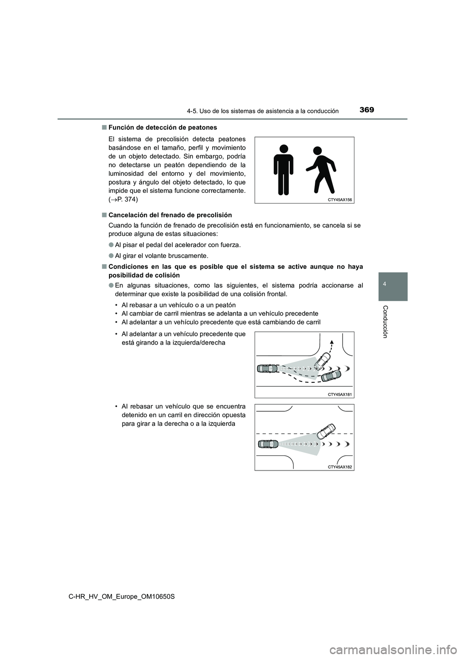 TOYOTA C-HR 2019 Manual del propietario (in Spanish) 3694-5. Uso de los sistemas de asistencia a la conducción
4
Conducción
C-HR_HV_OM_Europe_OM10650S
■ Función de detección de peatones
■ Cancelación del frenado de precolisión
Cuando la fun TOYOTA C-HR 2019 Manual del propietario (in Spanish) 3694-5. Uso de los sistemas de asistencia a la conducción
4
Conducción
C-HR_HV_OM_Europe_OM10650S
■ Función de detección de peatones
■ Cancelación del frenado de precolisión
Cuando la fun