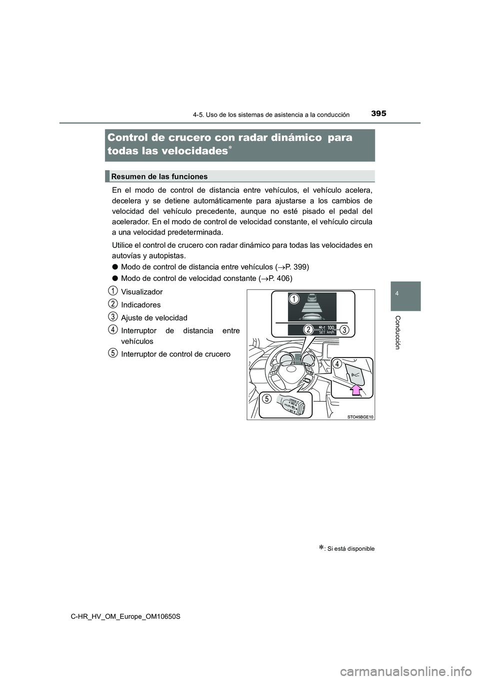 TOYOTA C-HR 2019 Manual del propietario (in Spanish) 395
4
4-5. Uso de los sistemas de asistencia a la conducción
Conducción
C-HR_HV_OM_Europe_OM10650S
Control de crucero con radar dinámico para
todas las velocidades
En el modo de control TOYOTA C-HR 2019 Manual del propietario (in Spanish) 395
4
4-5. Uso de los sistemas de asistencia a la conducción
Conducción
C-HR_HV_OM_Europe_OM10650S
Control de crucero con radar dinámico para
todas las velocidades
En el modo de control