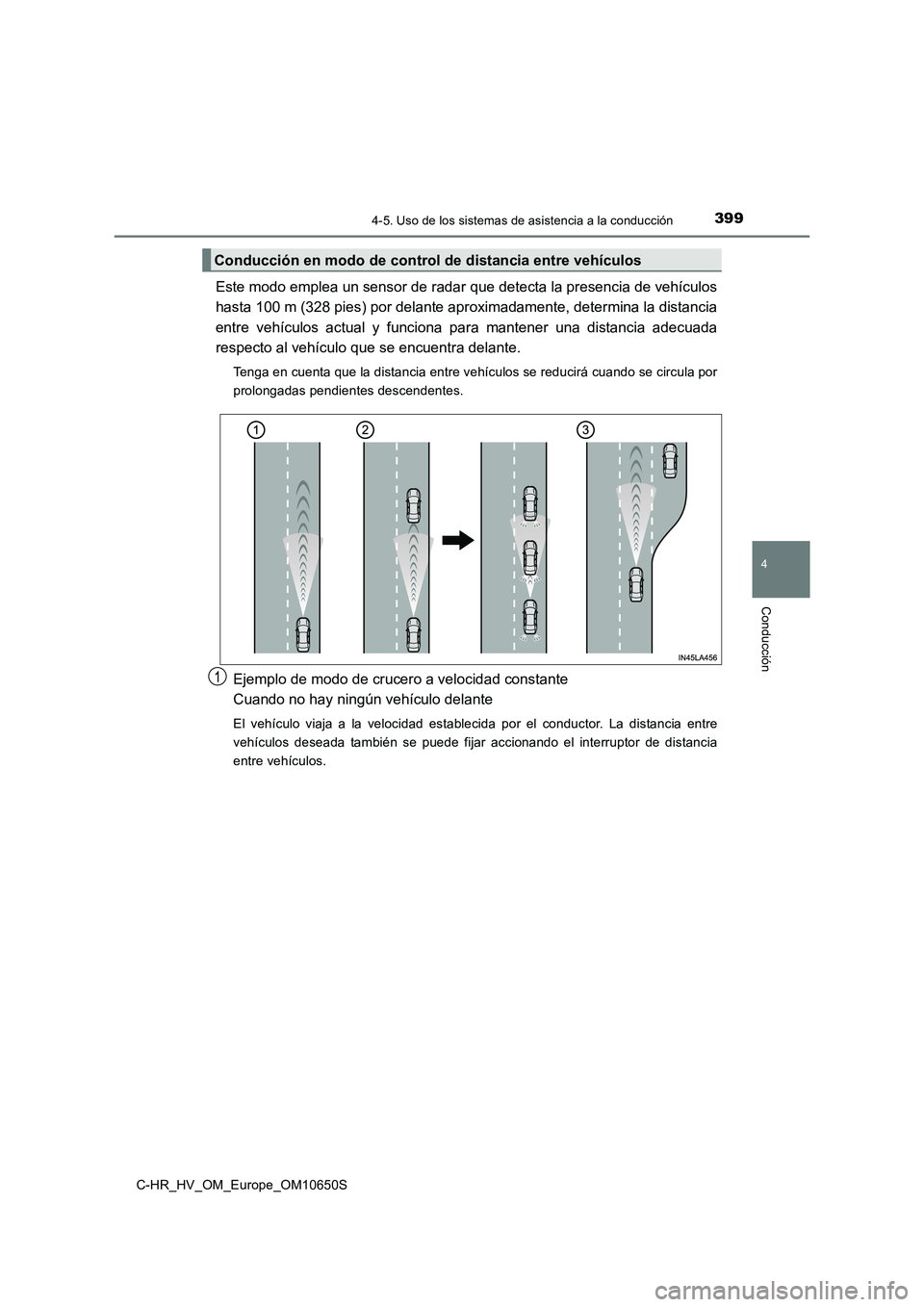 TOYOTA C-HR 2019 Manual del propietario (in Spanish) 3994-5. Uso de los sistemas de asistencia a la conducción
4
Conducción
C-HR_HV_OM_Europe_OM10650S
Este modo emplea un sensor de radar que detecta la presencia de vehículos
hasta 100 m (328 pies) p TOYOTA C-HR 2019 Manual del propietario (in Spanish) 3994-5. Uso de los sistemas de asistencia a la conducción
4
Conducción
C-HR_HV_OM_Europe_OM10650S
Este modo emplea un sensor de radar que detecta la presencia de vehículos
hasta 100 m (328 pies) p