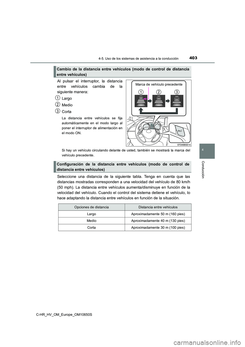 TOYOTA C-HR 2019 Manual del propietario (in Spanish) 4034-5. Uso de los sistemas de asistencia a la conducción
4
Conducción
C-HR_HV_OM_Europe_OM10650S
Al pulsar el interruptor, la distancia
entre vehículos cambia de la
siguiente manera:
Largo
Medi TOYOTA C-HR 2019 Manual del propietario (in Spanish) 4034-5. Uso de los sistemas de asistencia a la conducción
4
Conducción
C-HR_HV_OM_Europe_OM10650S
Al pulsar el interruptor, la distancia
entre vehículos cambia de la
siguiente manera:
Largo
Medi