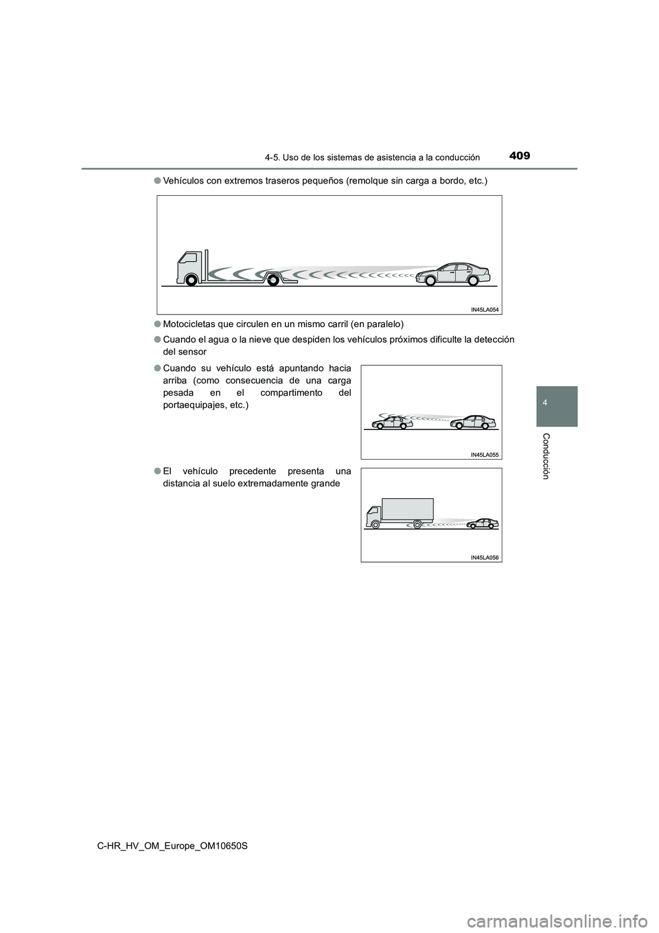 TOYOTA C-HR 2019 Manual del propietario (in Spanish) 4094-5. Uso de los sistemas de asistencia a la conducción
4
Conducción
C-HR_HV_OM_Europe_OM10650S
● Vehículos con extremos traseros pequeños (remolque sin carga a bordo, etc.)
● Motocicletas TOYOTA C-HR 2019 Manual del propietario (in Spanish) 4094-5. Uso de los sistemas de asistencia a la conducción
4
Conducción
C-HR_HV_OM_Europe_OM10650S
● Vehículos con extremos traseros pequeños (remolque sin carga a bordo, etc.)
● Motocicletas