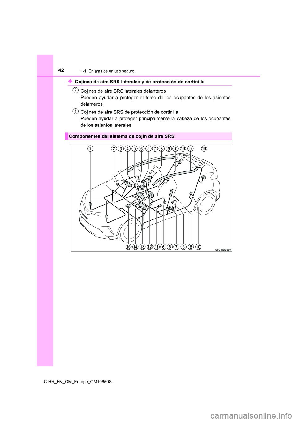 TOYOTA C-HR 2019 Manual del propietario (in Spanish) 421-1. En aras de un uso seguro
C-HR_HV_OM_Europe_OM10650S
◆Cojines de aire SRS laterales y de protección de cortinilla
Cojines de aire SRS laterales delanteros
Pueden ayudar a proteger el torso TOYOTA C-HR 2019 Manual del propietario (in Spanish) 421-1. En aras de un uso seguro
C-HR_HV_OM_Europe_OM10650S
◆Cojines de aire SRS laterales y de protección de cortinilla
Cojines de aire SRS laterales delanteros
Pueden ayudar a proteger el torso
