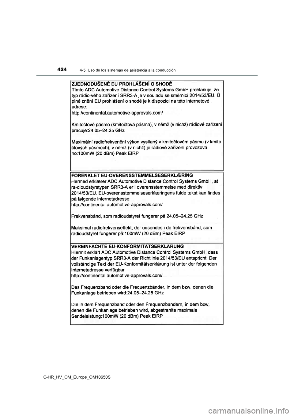 TOYOTA C-HR 2019  Manual del propietario (in Spanish) 4244-5. Uso de los sistemas de asistencia a la conducción
C-HR_HV_OM_Europe_OM10650S 