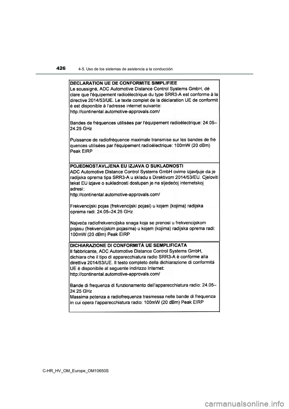 TOYOTA C-HR 2019  Manual del propietario (in Spanish) 4264-5. Uso de los sistemas de asistencia a la conducción
C-HR_HV_OM_Europe_OM10650S 